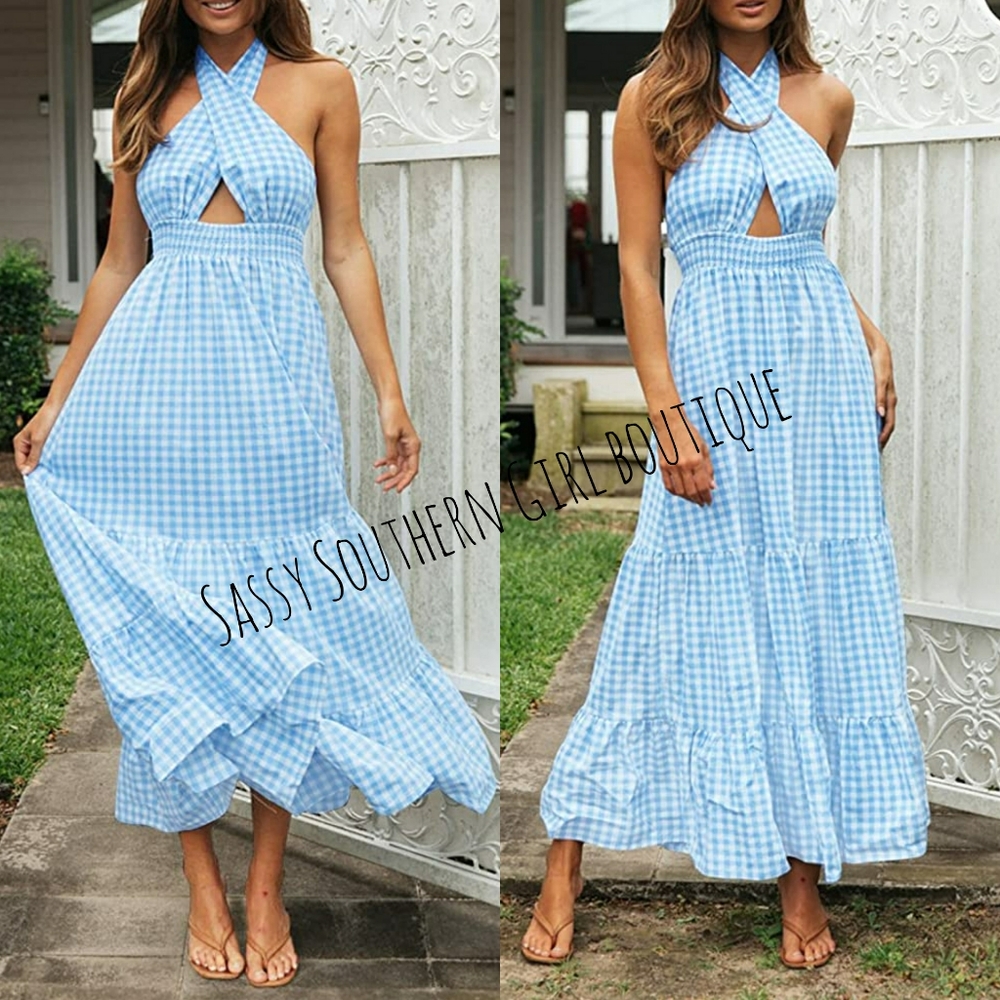 🆕⭐ Blue checked halter maxi dress